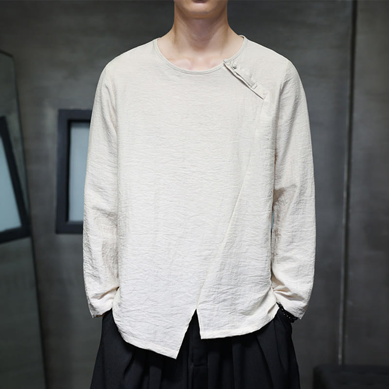 Buddha Stones Fall Solid Round Neck Long Sleeve T-Shirt Cotton Men Clothing - Linen - US/UK/AU46,EU56 (5XL) - image 0