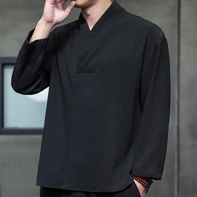Buddha Stones Simple V-Neck Long Sleeve T-Shirt Men Clothing - image 15