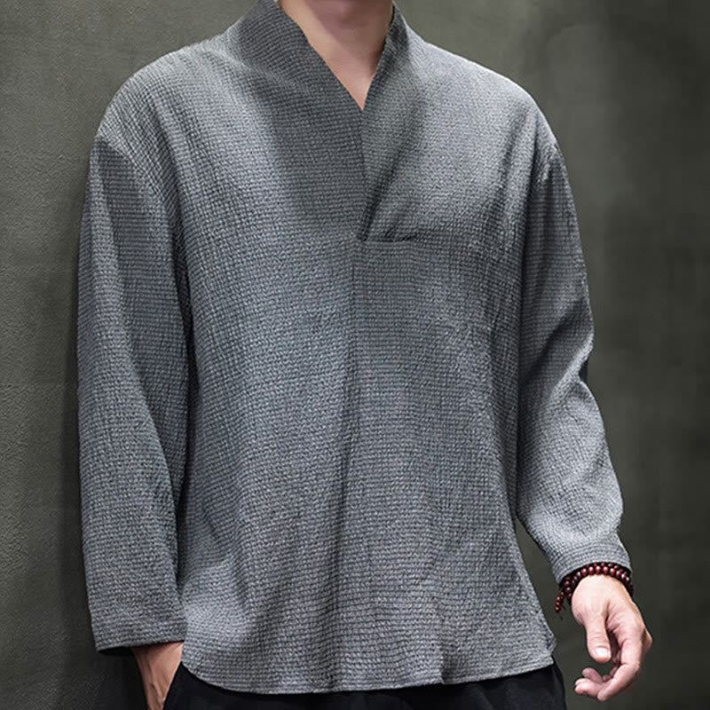 Buddha Stones Simple V-Neck Long Sleeve T-Shirt Men Clothing - image 20