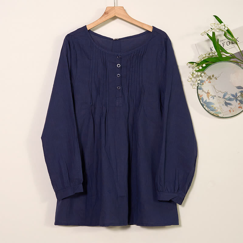 Buddha Stones Round Neck Casual Pleated Long Sleeve Shirt Cotton Linen Women's Shirts - MidnightBlue - US/UK/AU46,EU56 (5XL) - image 12
