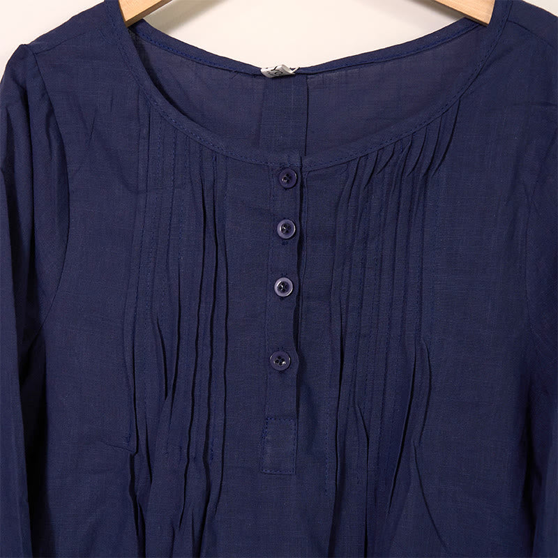 Buddha Stones Round Neck Casual Pleated Long Sleeve Shirt Cotton Linen Women's Shirts - image 14