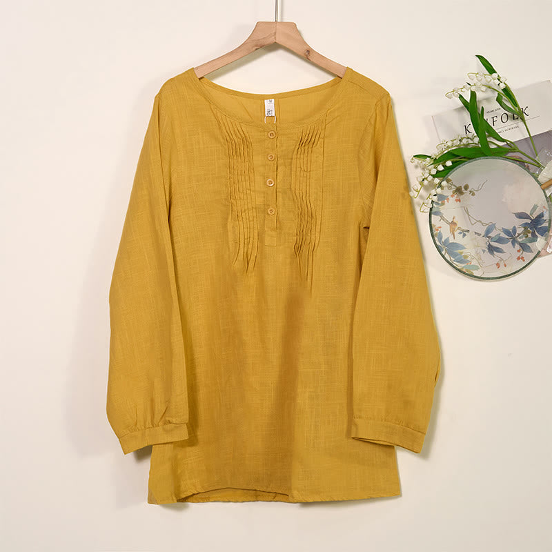 Buddha Stones Round Neck Casual Pleated Long Sleeve Shirt Cotton Linen Women's Shirts - Goldenrod - US/UK/AU46,EU56 (5XL) - image 0