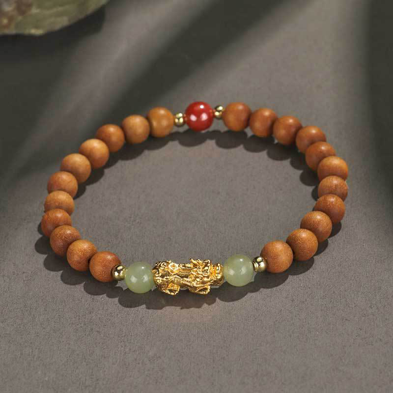 Foviel 999 Sterling Silver Sandalwood Ebony Wood Small Leaf Red Sandalwood Hetian Jade Cinnabar PiXiu Wealth Bracelet