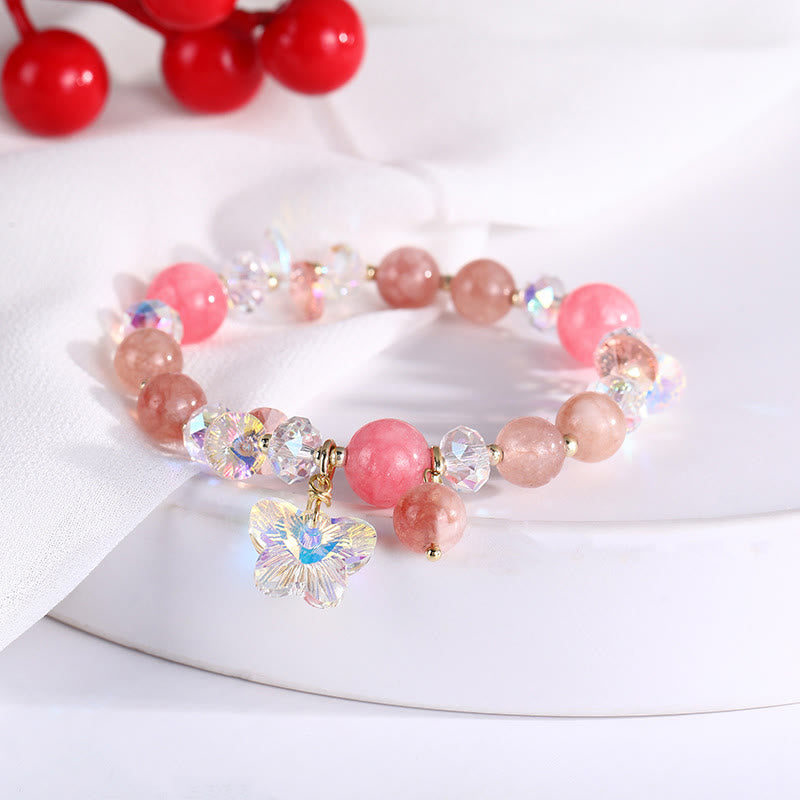 Bracelet amour papillon en quartz fraise, cristal blanc et cristal rose Foviel