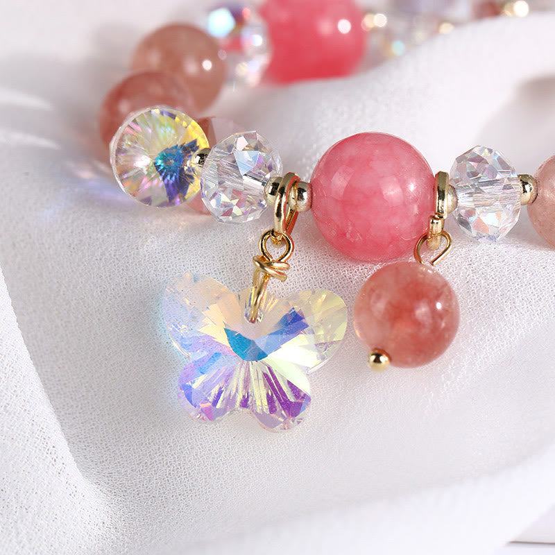 Bracelet amour papillon en quartz fraise, cristal blanc et cristal rose Foviel