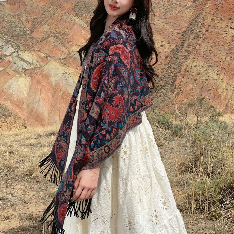 Buddha Stones Tibetan Cashew Flowers Leaves Vine Tassels Shawl Fall Winter Soft Cozy Scarf Wrap - image 29