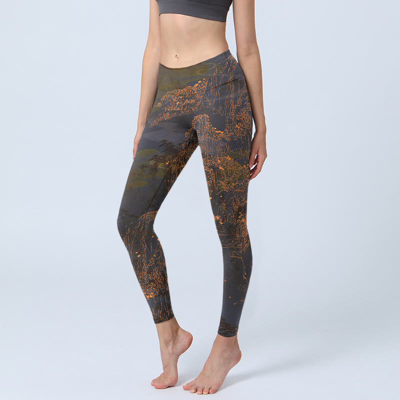 Buddha Stones Golden Mountains Clouds Print Gym Leggings Women's Yoga Pants - SaddleBrown - US18,UK/AU22,EU50 (4XL) - image 0