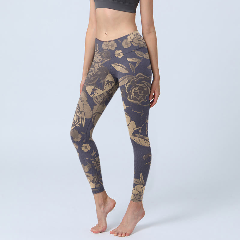 Buddha Stones Peony Flowers Leaves Blossom Print Gym Fitness Leggings Women's Yoga Pants - Thistle - US18,UK/AU22,EU50 (4XL) - image 0