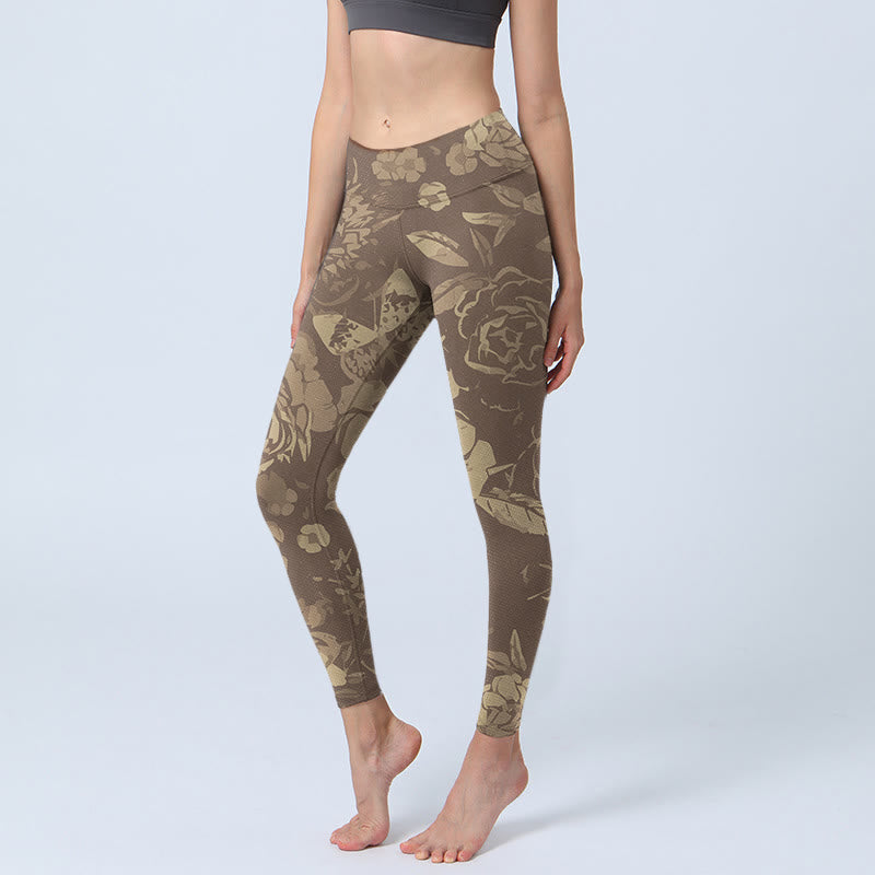 Buddha Stones Peony Flowers Leaves Blossom Print Gym Fitness Leggings Women's Yoga Pants - DarkKhaki - US18,UK/AU22,EU50 (4XL) - image 8