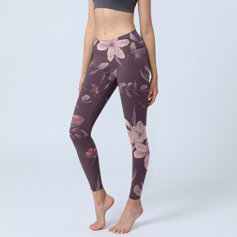 Buddha Stones Purple White Flowers Leaves Blossom Print Gym Fitness Leggings Women's Yoga Pants - Thistle - US18,UK/AU22,EU50 (4XL) - image 0