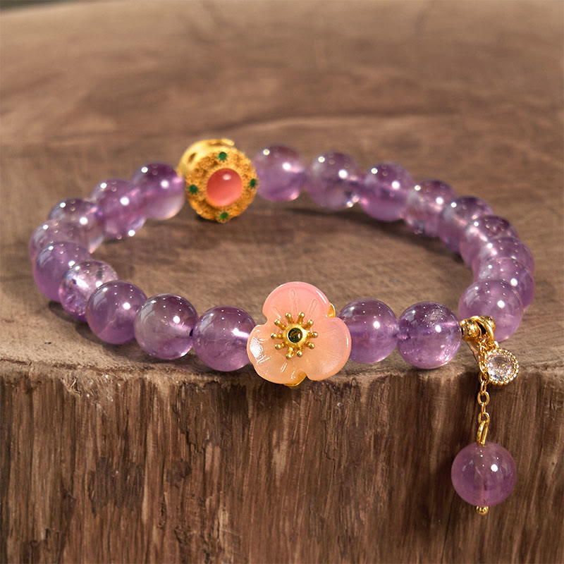 Bracelet de méditation porte-bonheur Foviel en améthyste et fleurs de pêcher