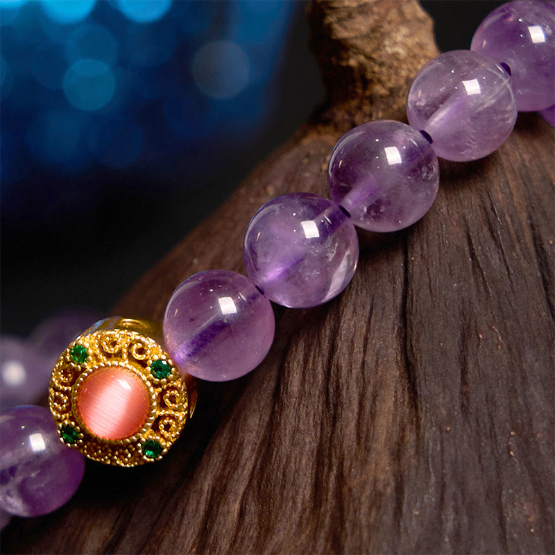Bracelet de méditation porte-bonheur Foviel en améthyste et fleurs de pêcher