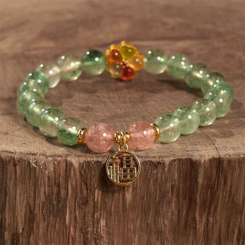 Bracelet Foviel en quartz fraise vert naturel apaisant avec motif Fu