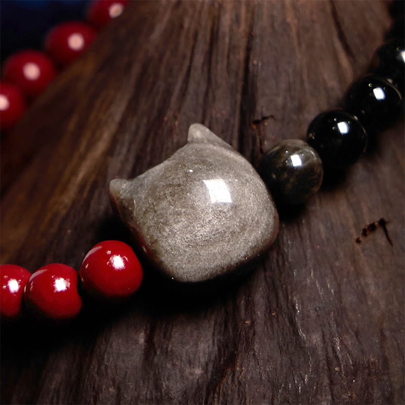 Bracelet Foviel en obsidienne noire, cinabre et obsidienne argentée pour la réalisation des vœux