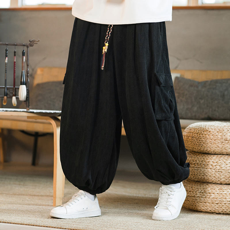 Buddha Stones Fall Winter Men's Drawstring Chenille Corduroy Cargo Pants With Pockets - Black - US/UK/AU46,EU56 (5XL) - image 0