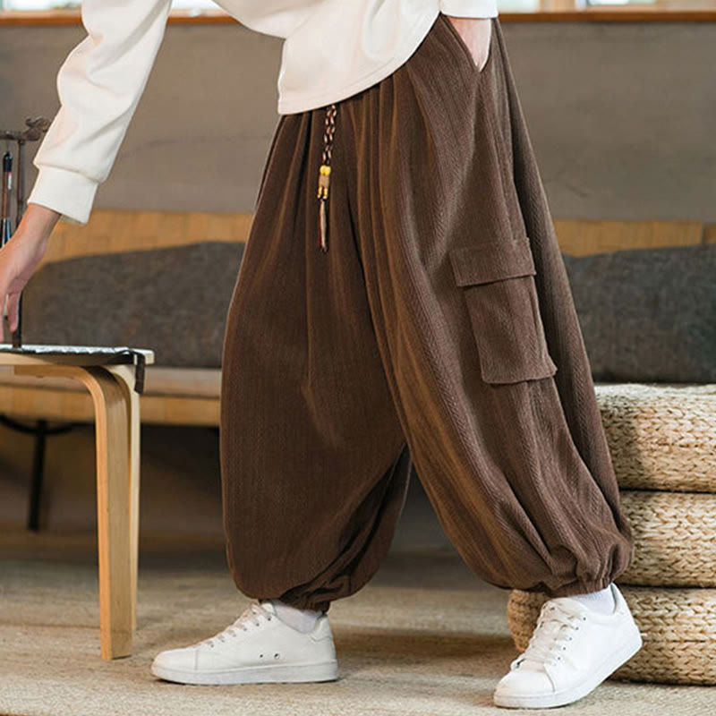 Buddha Stones Fall Winter Men's Drawstring Chenille Corduroy Cargo Pants With Pockets - image 23