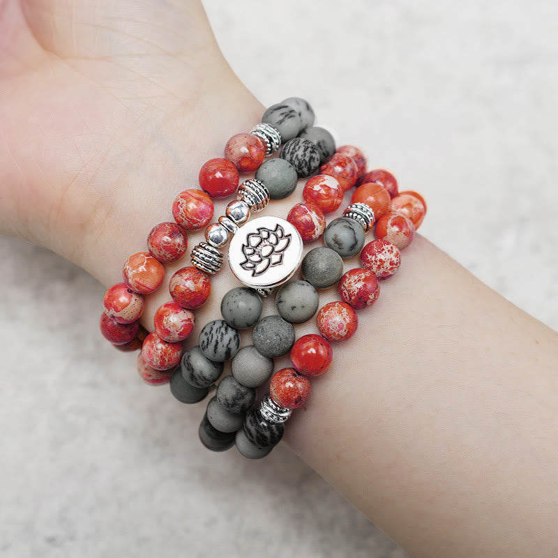 Foviel 108 Mala Beads Natural Stone Sea Sediment Jasper Lotus Protection Bracelet