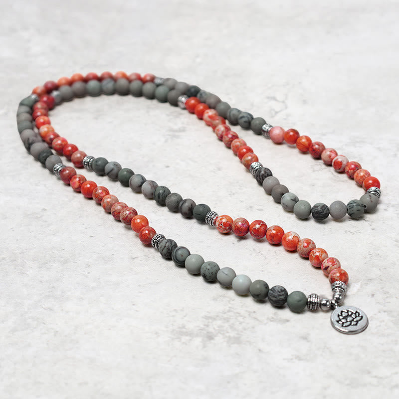 Bracelet de protection Foviel 108 perles mala en pierre naturelle jaspe sédiment marin avec lotus