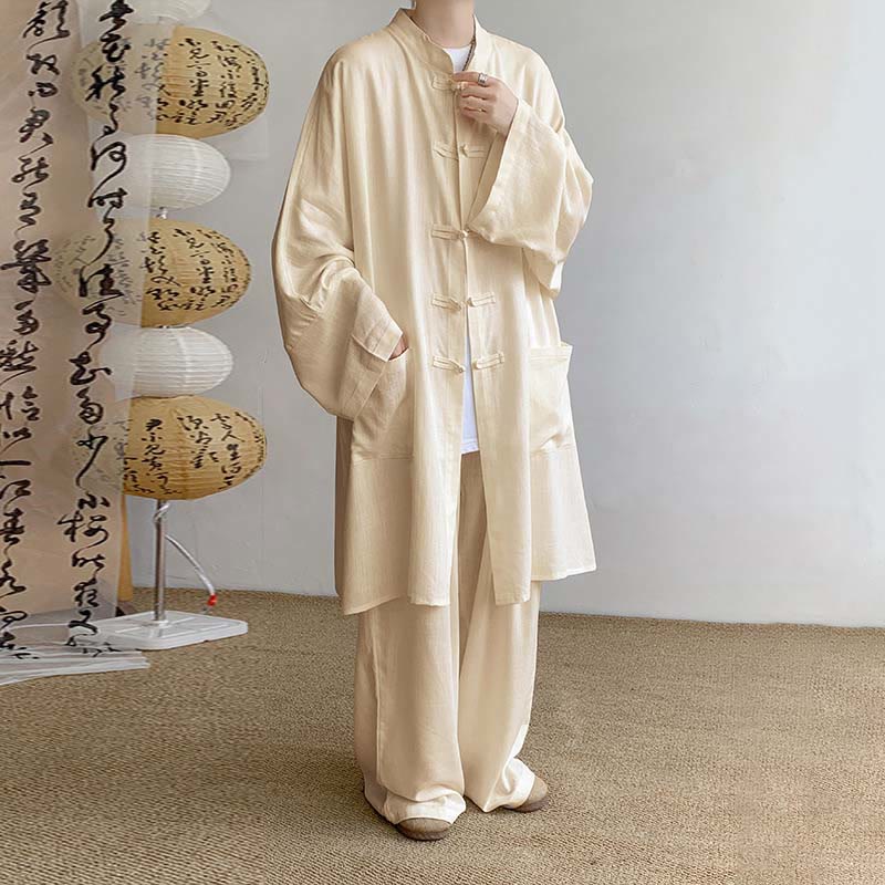 Buddha Stones 2Pcs Men's Long Sleeve Frog-Button Shirt Pants Meditation Zen Cotton Clothing Set Men's Meditation Cloth BS Wheat US/UK/AU46,EU56 (5XL)