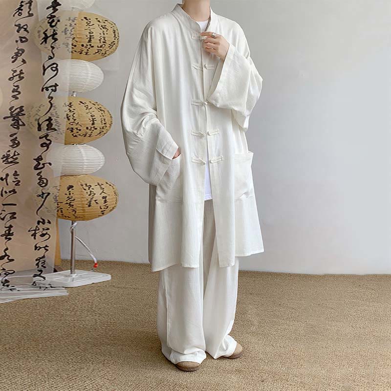 Buddha Stones 2Pcs Men's Long Sleeve Frog-Button Shirt Pants Meditation Zen Cotton Clothing Set Men's Meditation Cloth BS White US/UK/AU46,EU56 (5XL)