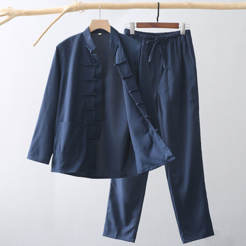 Buddha Stones 2Pcs Tang Suit Traditional Frog-Button Men's Long Sleeve Shirt Pants Clothing Set - SteelBlue - US/UK/AU44,EU54 (4XL) - image 0