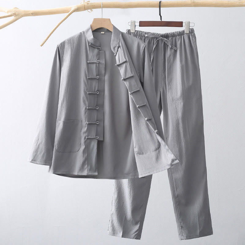 Buddha Stones 2Pcs Tang Suit Traditional Frog-Button Men's Long Sleeve Shirt Pants Clothing Set - Gray - US/UK/AU44,EU54 (4XL) - image 8