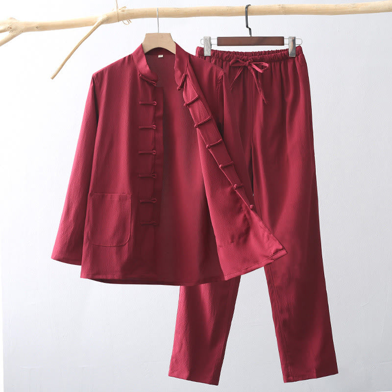 Buddha Stones 2Pcs Tang Suit Traditional Frog-Button Men's Long Sleeve Shirt Pants Clothing Set - Crimson - US/UK/AU44,EU54 (4XL) - image 14