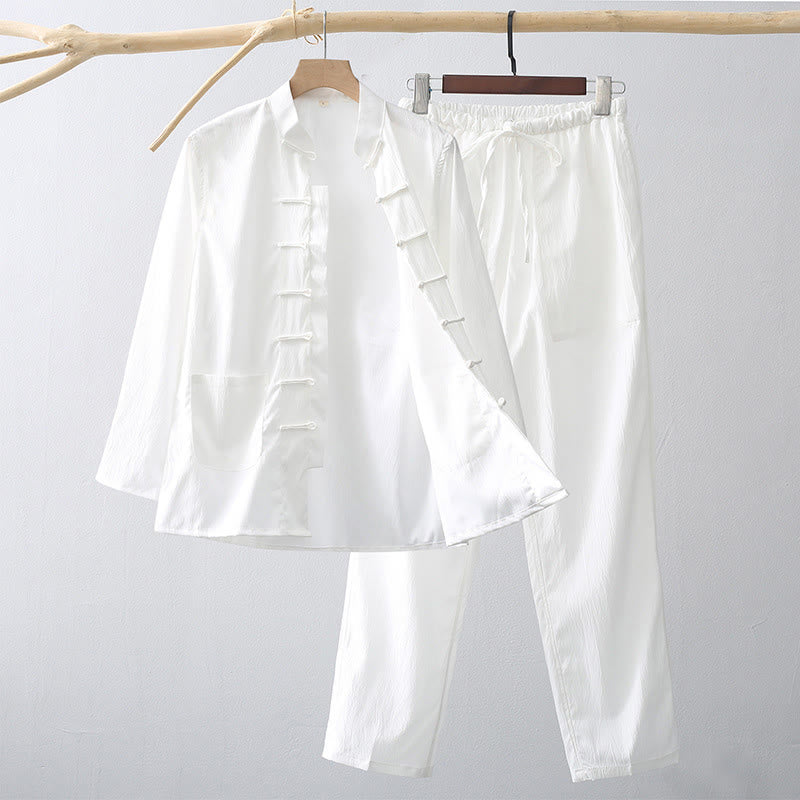 Buddha Stones 2Pcs Tang Suit Traditional Frog-Button Men's Long Sleeve Shirt Pants Clothing Set - White - US/UK/AU44,EU54 (4XL) - image 9