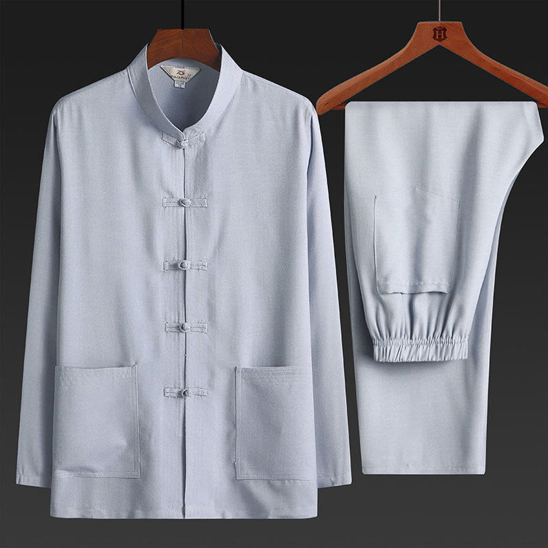 Buddha Stones 2Pcs Tang Suit Plain Color Frog-Button Men's Long Sleeve Shirt Pants Set - LightGrey - 2Pcs Set - US/UK/AU44,EU54 (4XL) - image 3