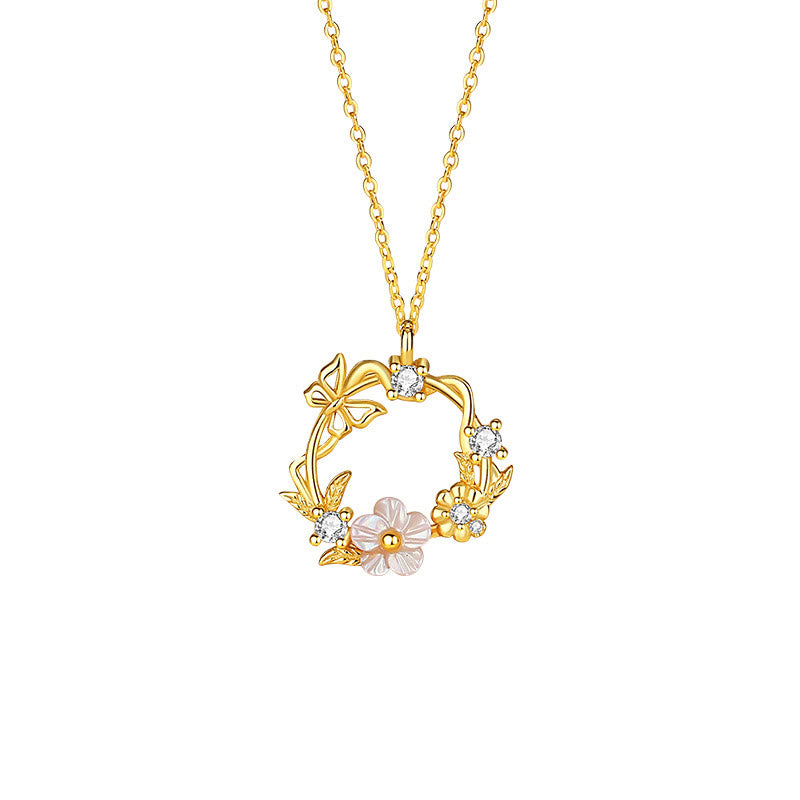 Buddha Stones 925 Sterling Silver Cubic Zirconia Shell Butterfly Peach Blossom Blessing Necklace Pendant Necklaces & Pendants BS 6