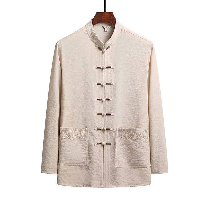 Buddha Stones 2Pcs Plain Tang Suit Men's Frog-Button Long Sleeve Shirt Pants Set - Bisque - Shirt - US/UK/AU44,EU54 (4XL) - image 17