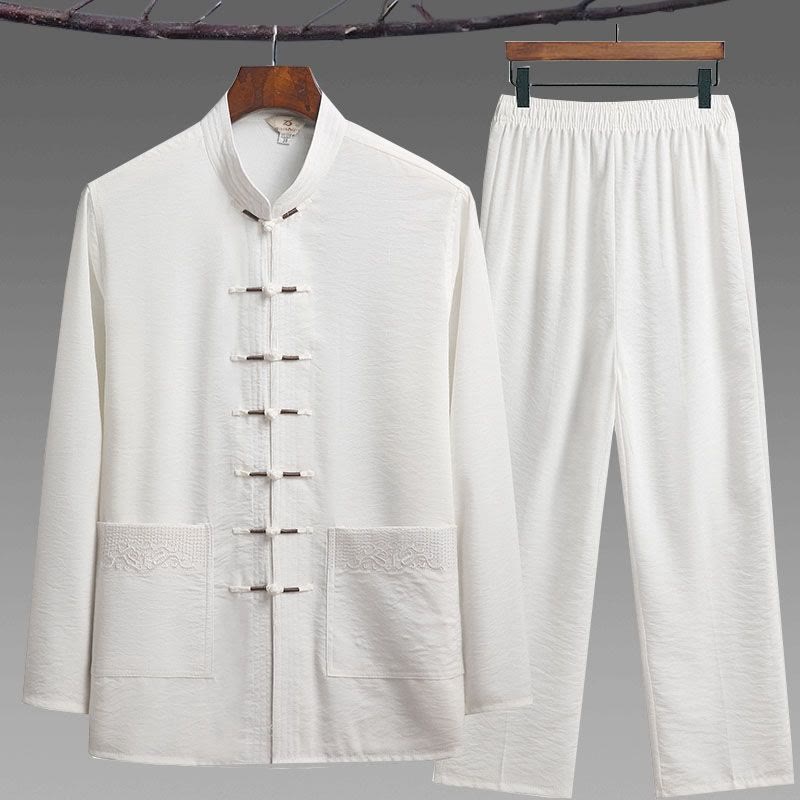 Buddha Stones 2Pcs Plain Tang Suit Men's Frog-Button Long Sleeve Shirt Pants Set - White - 2Pcs Set - US/UK/AU44,EU54 (4XL) - image 12