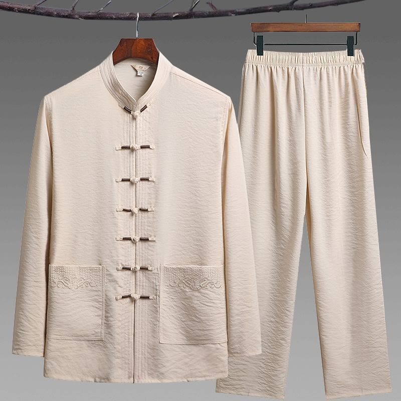 Buddha Stones 2Pcs Plain Tang Suit Men's Frog-Button Long Sleeve Shirt Pants Set - Bisque - 2Pcs Set - US/UK/AU44,EU54 (4XL) - image 16