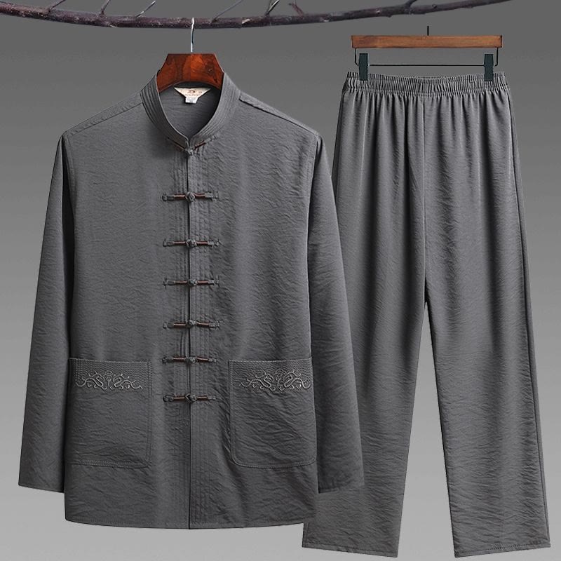 Buddha Stones 2Pcs Plain Tang Suit Men's Frog-Button Long Sleeve Shirt Pants Set - Gray - 2Pcs Set - US/UK/AU44,EU54 (4XL) - image 2