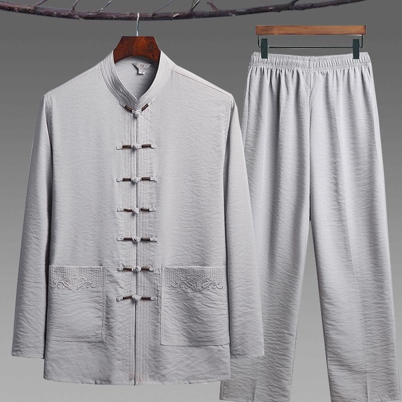 Buddha Stones 2Pcs Plain Tang Suit Men's Frog-Button Long Sleeve Shirt Pants Set - LightGrey - 2Pcs Set - US/UK/AU44,EU54 (4XL) - image 10