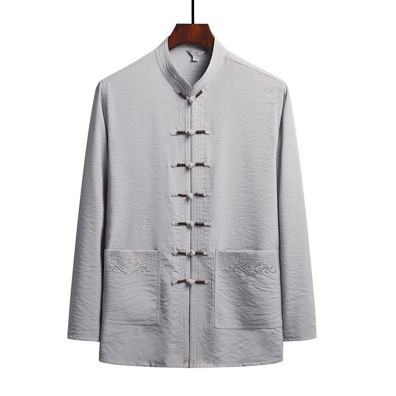 Buddha Stones 2Pcs Plain Tang Suit Men's Frog-Button Long Sleeve Shirt Pants Set - LightGrey - Shirt - US/UK/AU44,EU54 (4XL) - image 11