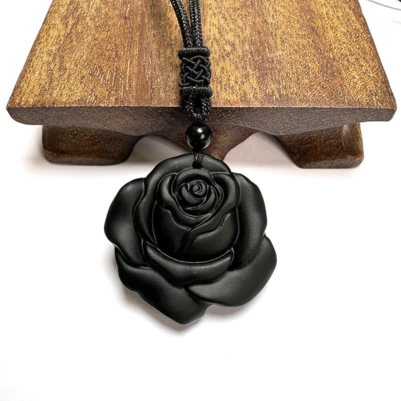 Collier pendentif de purification rose noire en obsidienne noire Foviel