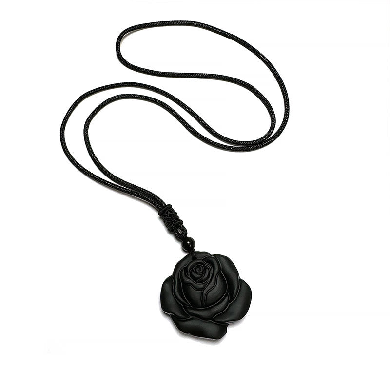 Collier pendentif de purification rose noire en obsidienne noire Foviel