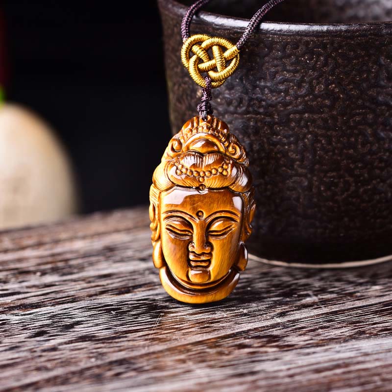 Foviel Tiger Eye Kwan Yin Avalokitesvara Head String Strength Necklace Pendant