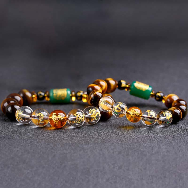 Bracelet de courage Foviel en œil de tigre et cristal blanc du zodiaque chinois