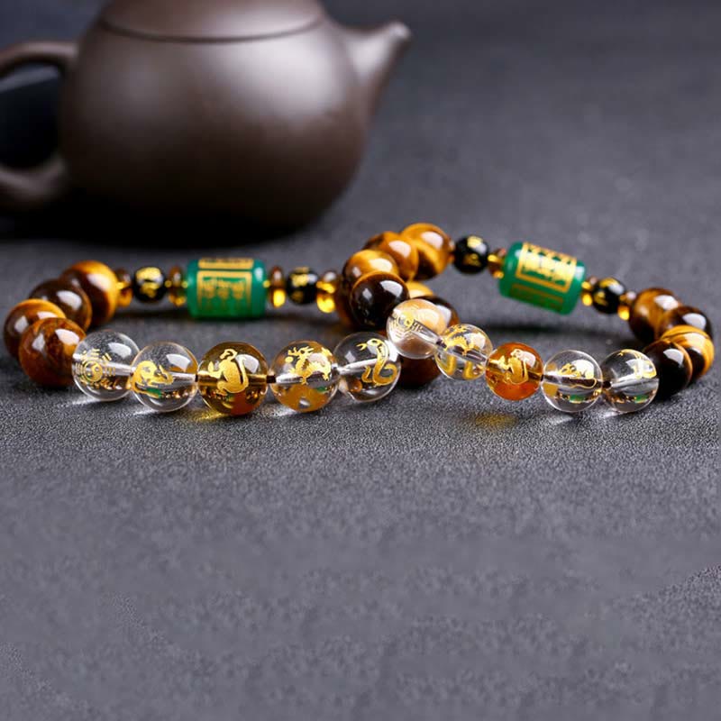 Bracelet de courage Foviel en œil de tigre et cristal blanc du zodiaque chinois