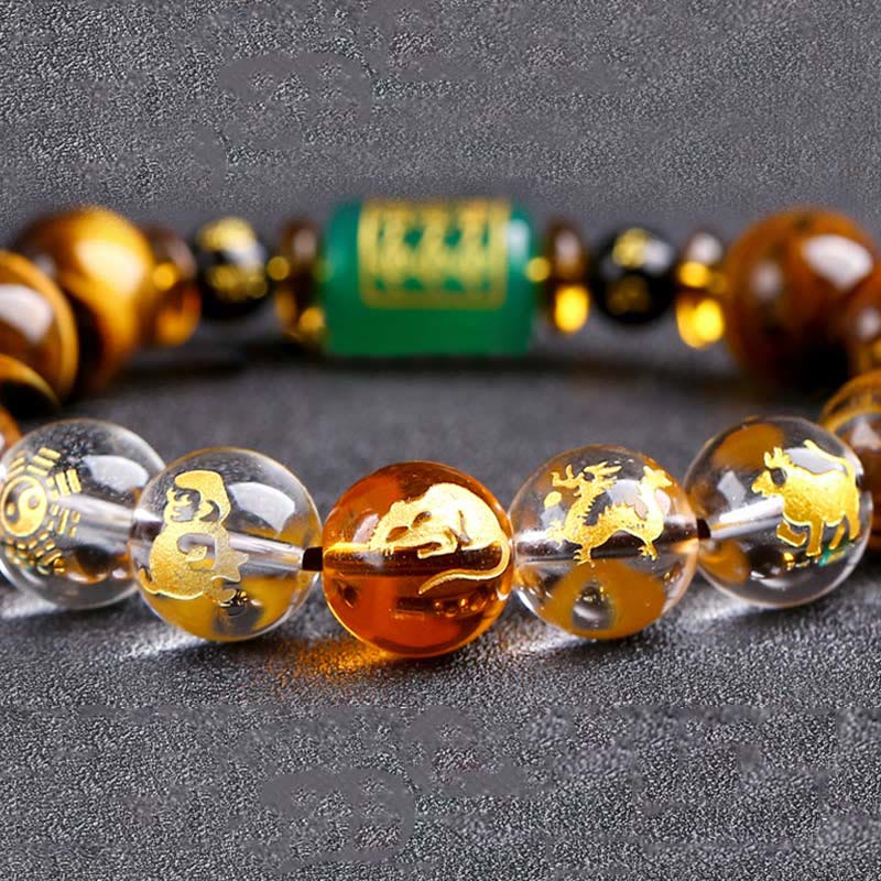 Bracelet de courage Foviel en œil de tigre et cristal blanc du zodiaque chinois