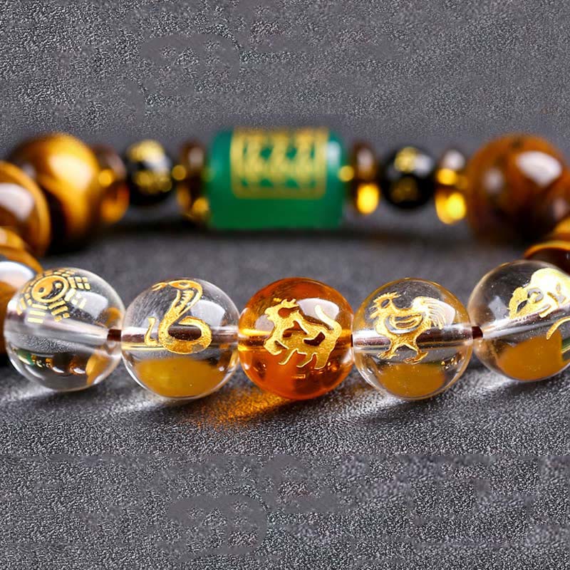 Bracelet de courage Foviel en œil de tigre et cristal blanc du zodiaque chinois