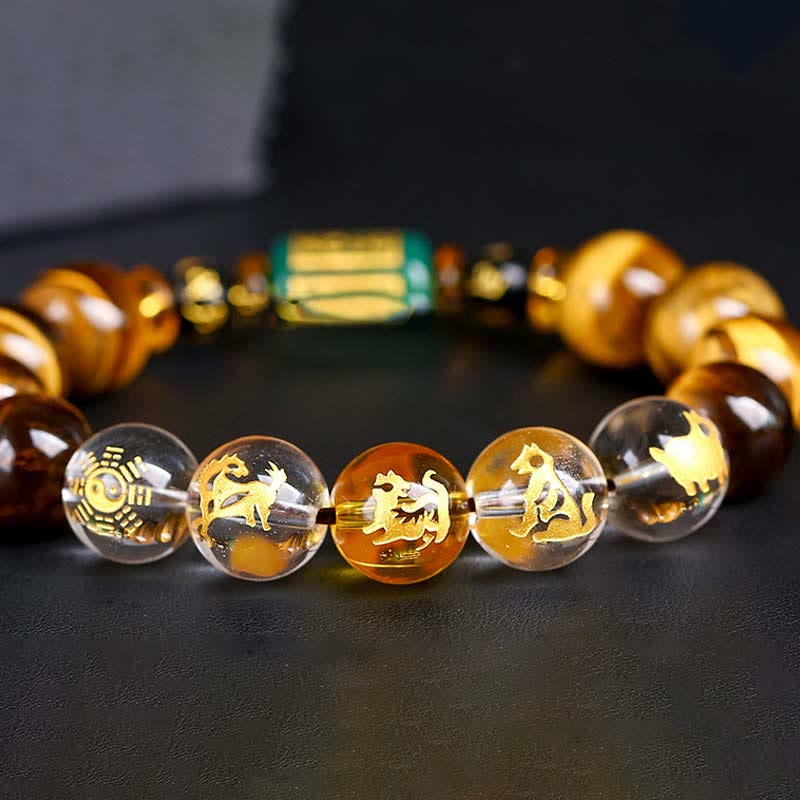 Bracelet de courage Foviel en œil de tigre et cristal blanc du zodiaque chinois