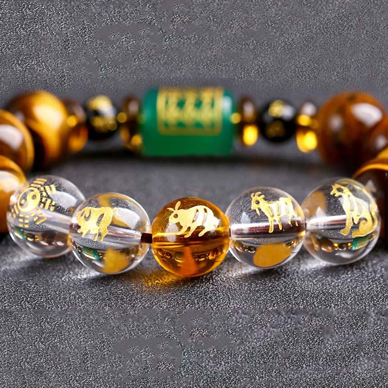 Bracelet de courage Foviel en œil de tigre et cristal blanc du zodiaque chinois