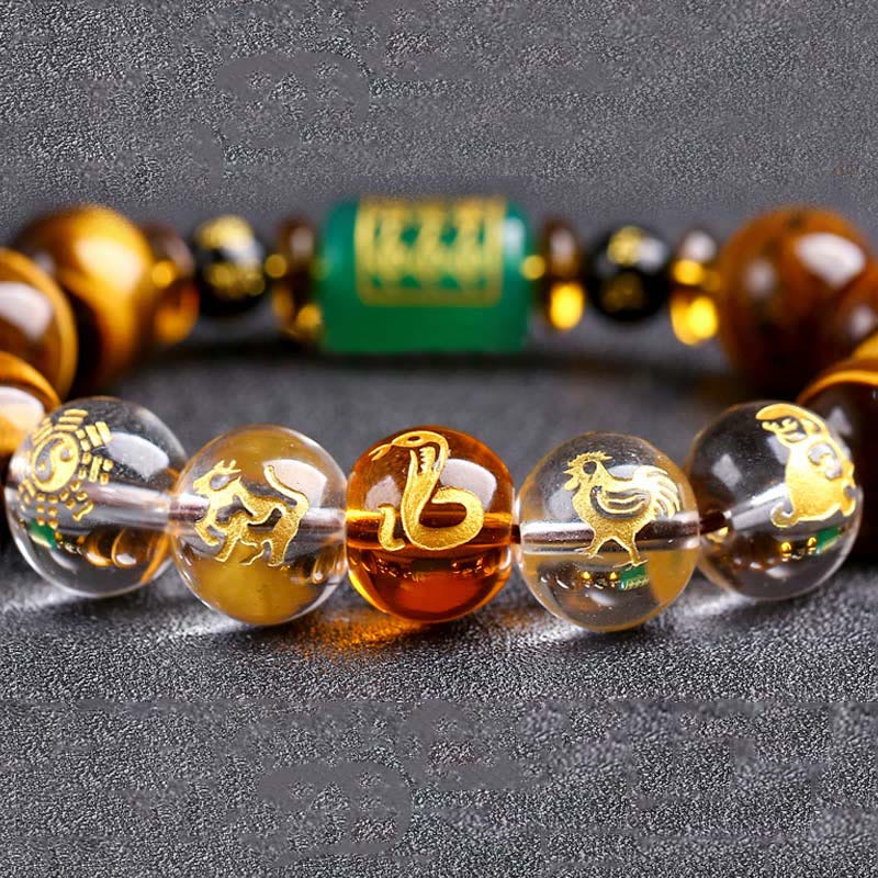Bracelet de courage Foviel en œil de tigre et cristal blanc du zodiaque chinois
