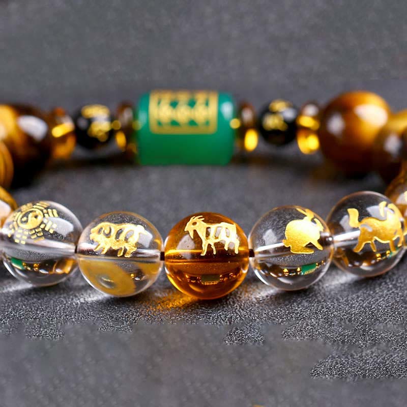 Bracelet de courage Foviel en œil de tigre et cristal blanc du zodiaque chinois