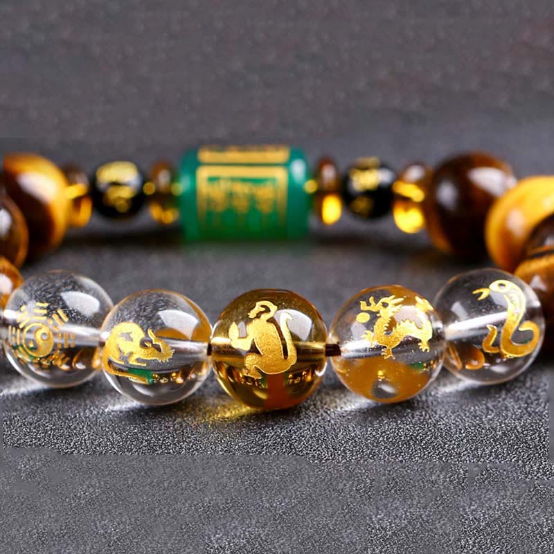 Bracelet de courage Foviel en œil de tigre et cristal blanc du zodiaque chinois
