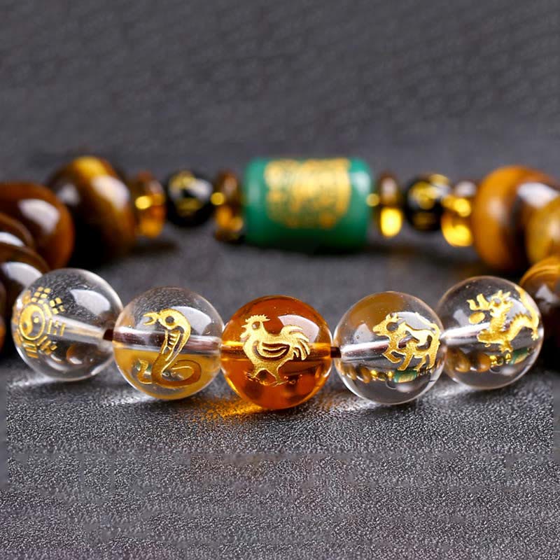 Bracelet de courage Foviel en œil de tigre et cristal blanc du zodiaque chinois