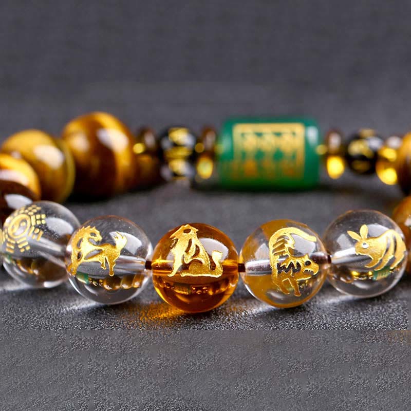 Bracelet de courage Foviel en œil de tigre et cristal blanc du zodiaque chinois